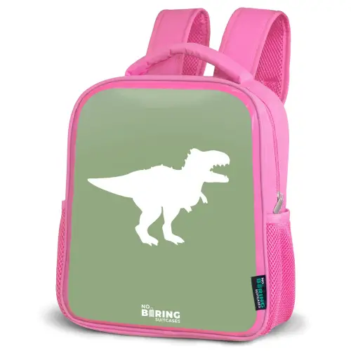 Groen met T-rex dino Kinderrugzak - Roze middel -schuin