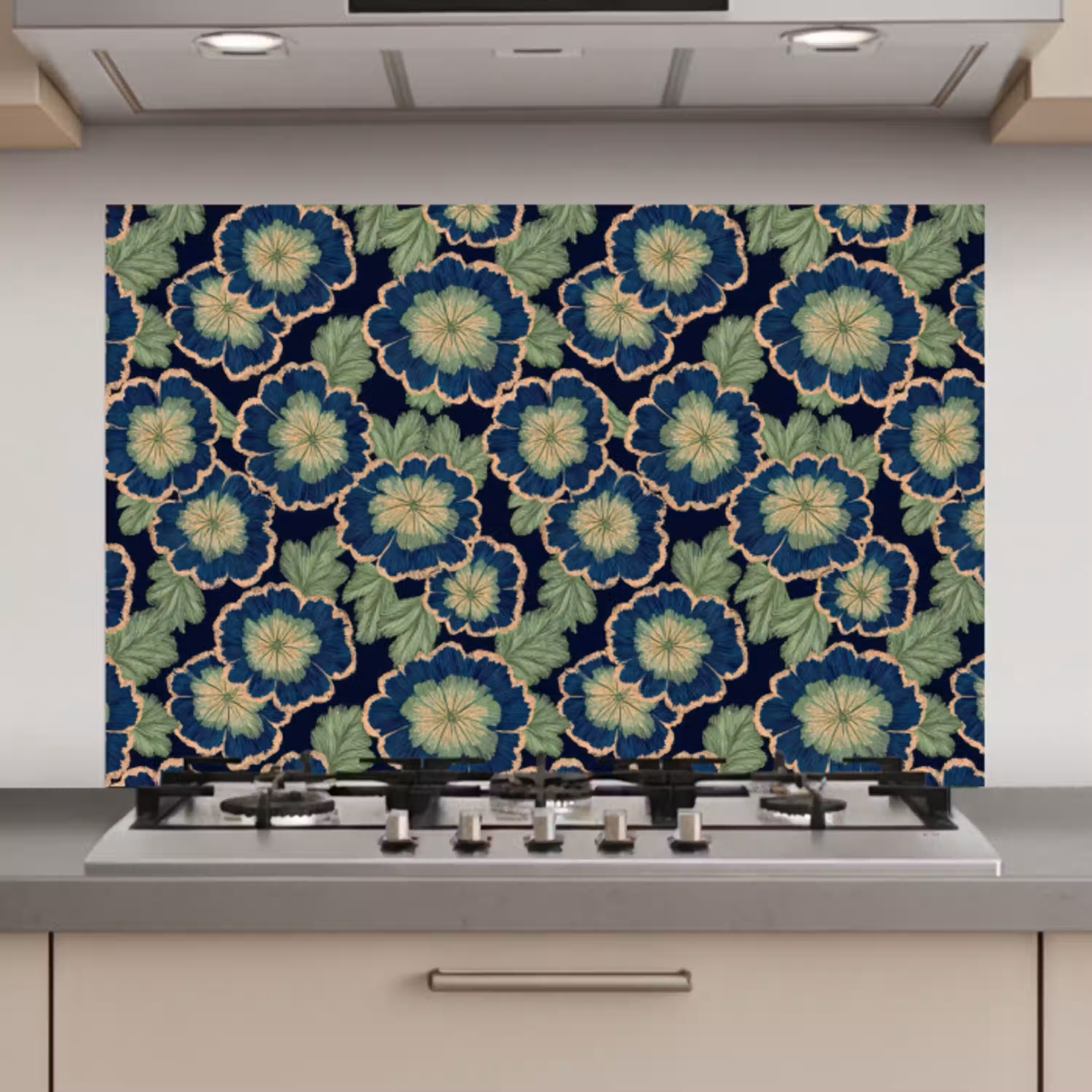 Bloemen - Borduurwerk - Patroon - Blauw - Groen keuken achterwand spatscherm klein 900 -3d_website