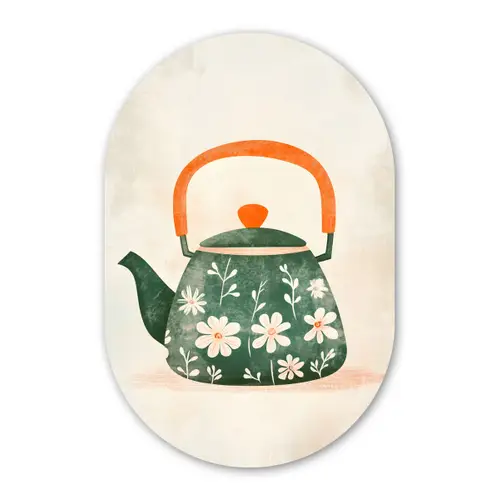 Theepot - Groen - Bloemen - Oranje Wandcirkel Ovaal Forex klein -3d
