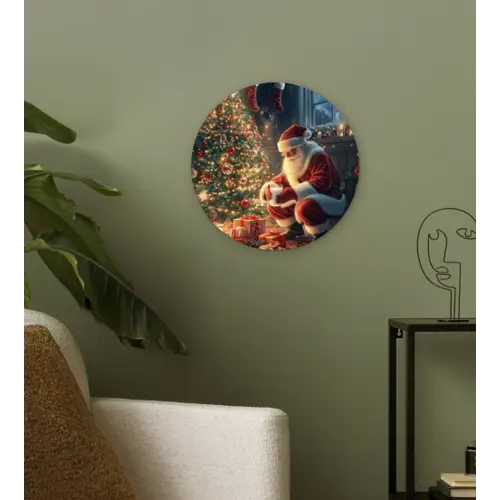 Kerstman - Haard - Donker Wandcirkel kunststof plaat 5mm dik klein -sfeer3