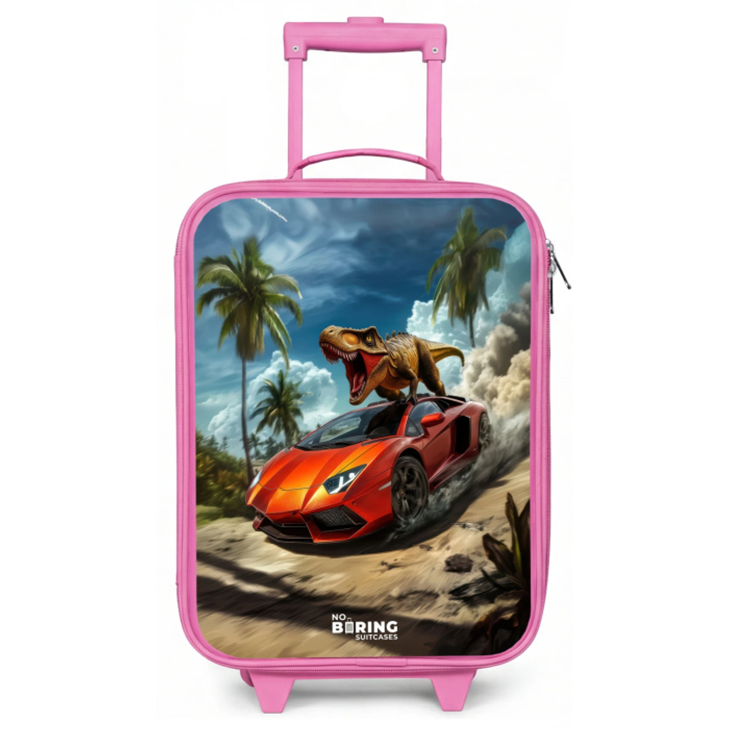 Rode sportauto met dino raast door tropisch strand Kinderkoffer - Roze klein -zz3dotto