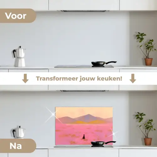 Bloemenweide - Heuvels - Silhouet - Roze keuken achterwand spatscherm klein -voor_na_NL