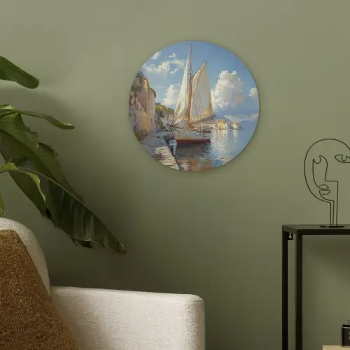 Zeilschip - Huizen - Kade - Zee Akoestische PET Vilt - Rond klein -sfeer2