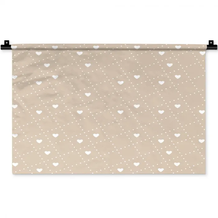 Beige - Wit - Hartjes - Patroon Wandkleed katoen klein 269 -zz3d