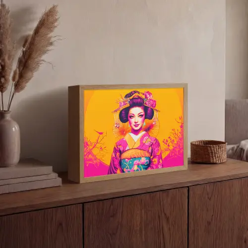 Bloemen - Vrouw - Kimono - Roze Light Box met batterij (Wandlamp) middel -sfeer2