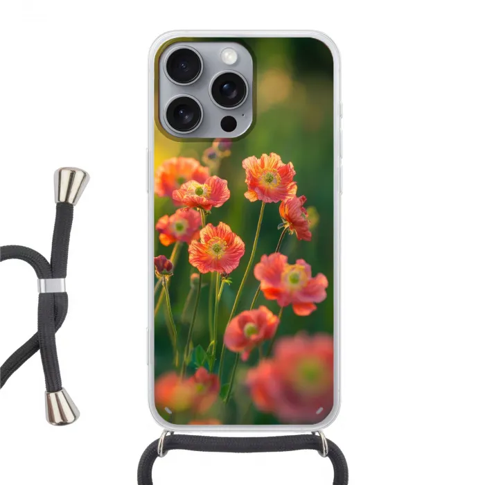 Bloemenveld - Zonnestralen - Oranje Hoesje iPhone 16 Pro Max met koord klein -3d