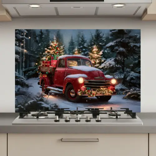Kersttruck - Sneeuwbos - Rood keuken achterwand spatscherm klein -3d_website