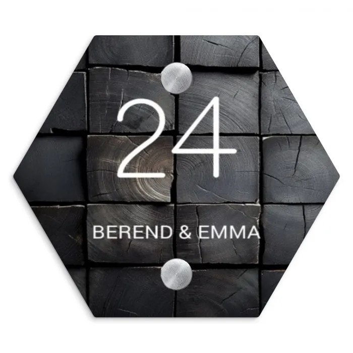 Zwarte houtblokken - Klassiek Naambord Hexagon klein -3d