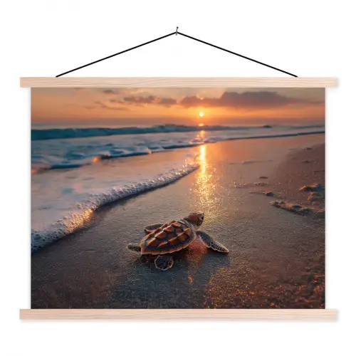 Schildpad - strand - Zonsondergang textielposter latten blank klein -3d
