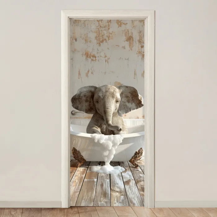 Vintage - Olifant - Badkuip - Schuim - Wilde dieren deurposter klein -3d_beige