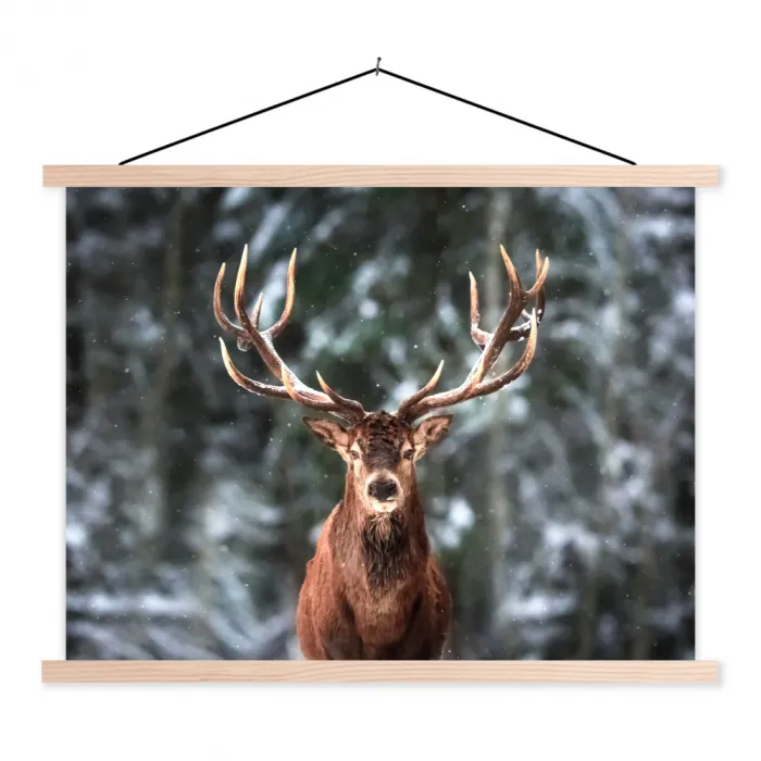 Hert - Winter - Sneeuw - Bos - Natuur - Dier textielposter latten blank klein -3d