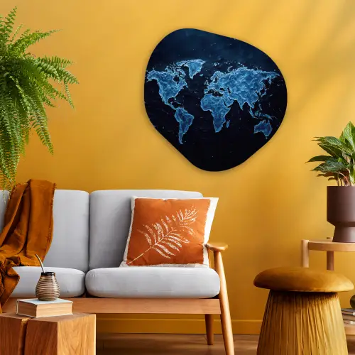 Wereldkaart - Waterstructuur - Blauw Wandcirkel Organisch Plexiglas middel -sfeer4
