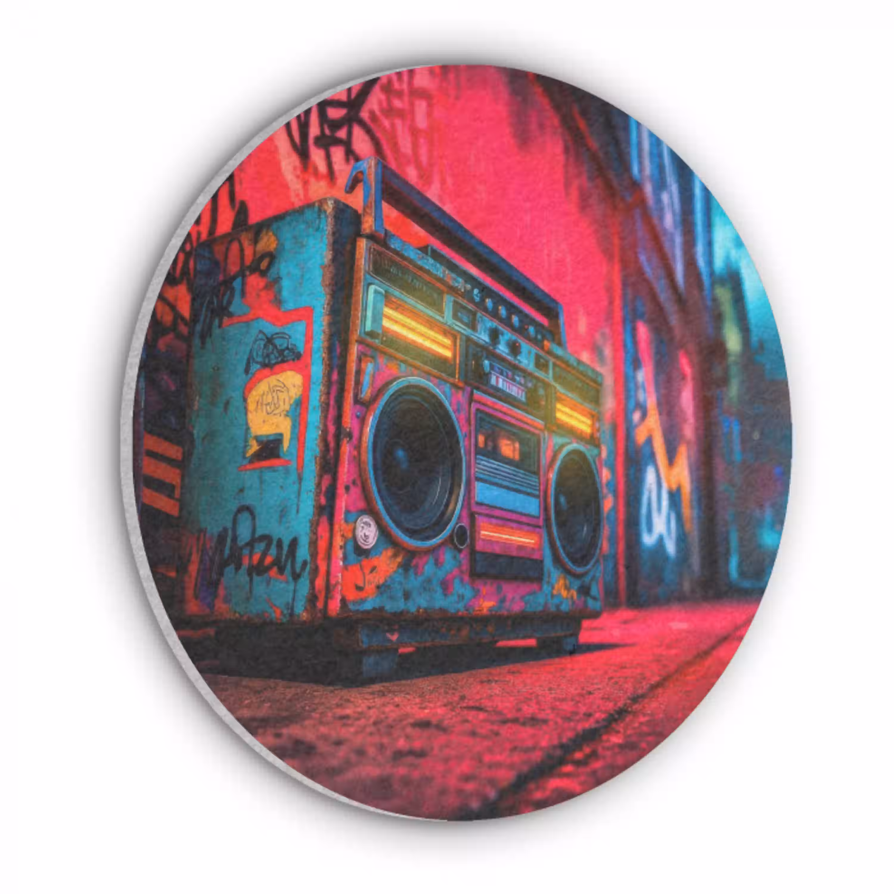 Boombox - Rood - Graffiti - Neon Akoestische PET Vilt - Rond klein -3d