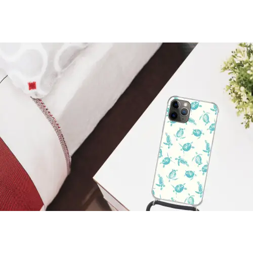 Schildpadden - Patroon - Wit - Blauw Hoesje iPhone 12 Pro met koord klein -kamer