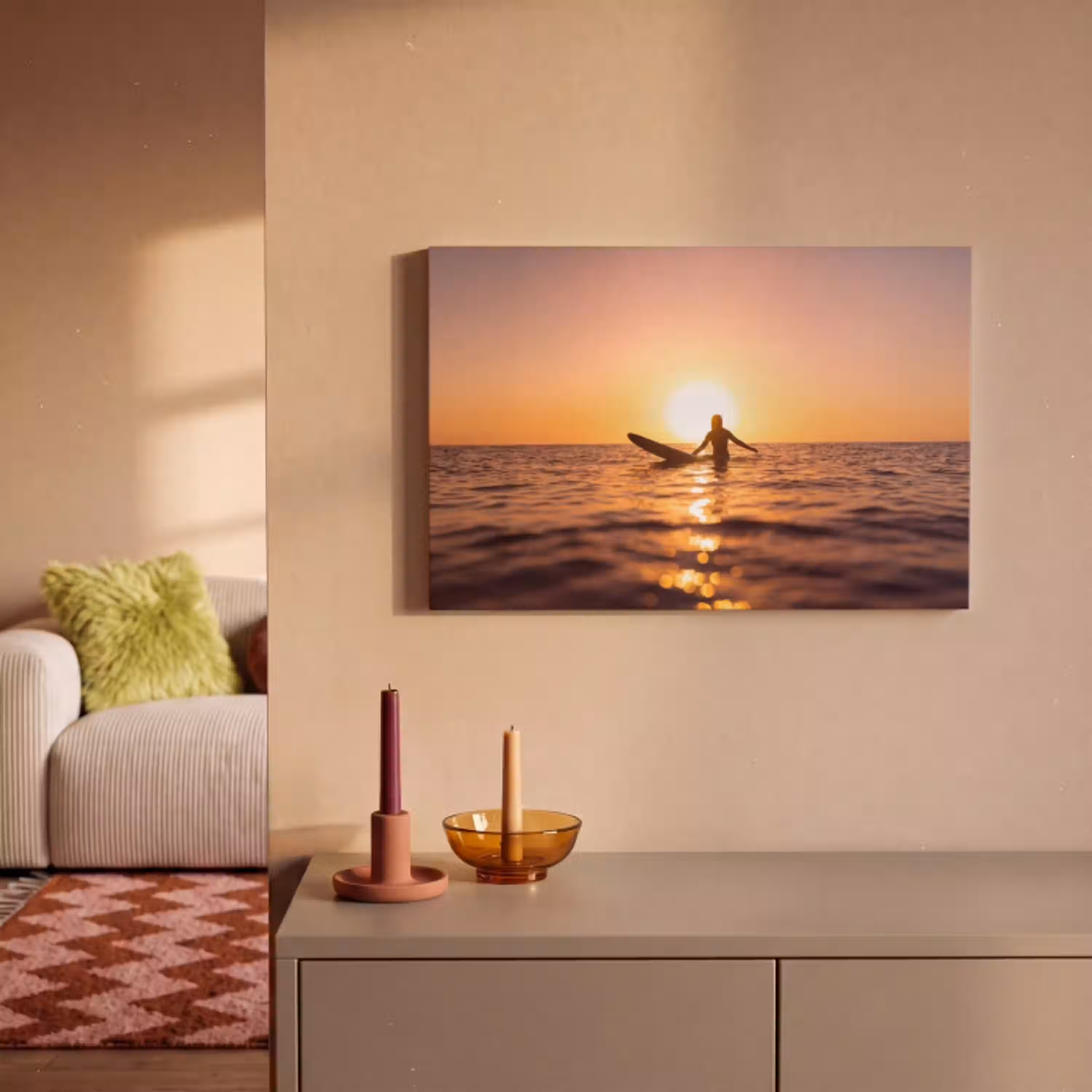 Persoon - Surfen - Zonsondergang - Zee - Oranje canvas 2cm klein -sfeer1