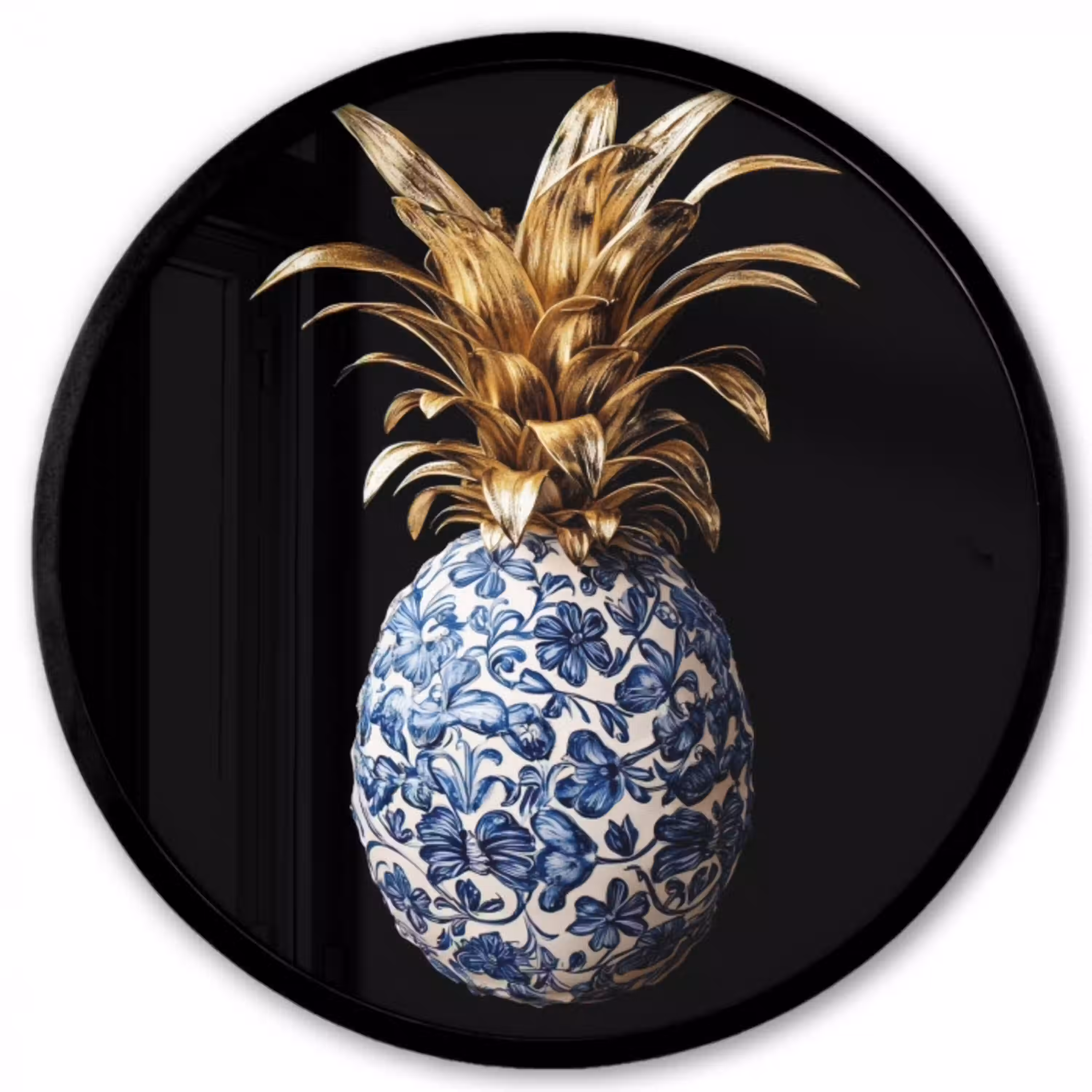 Ananas - Bloemen patroon - Goud - Delftsblauw Fotolijst rond zonder passe partout klein -3d