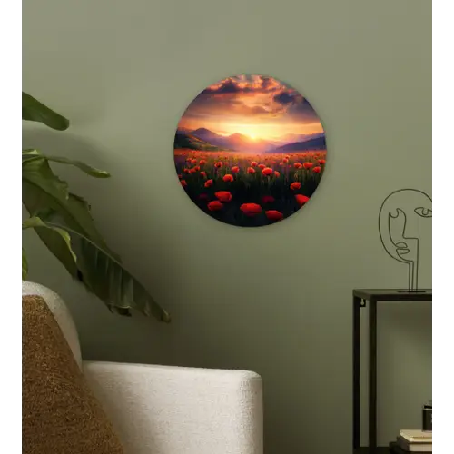 Landschap - Zonsondergang - Bloemenveld Wandcirkel kunststof plaat 5mm dik klein -sfeer3