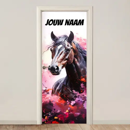 Donker paard met roze verfaccenten en naamtekst deurposter klein -3d_beige