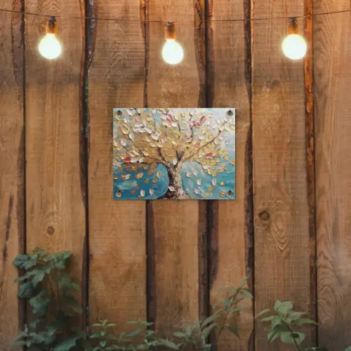 Boom - Blauw - Goud - Abstract - Modern tuinposter los doek klein -sfeer1
