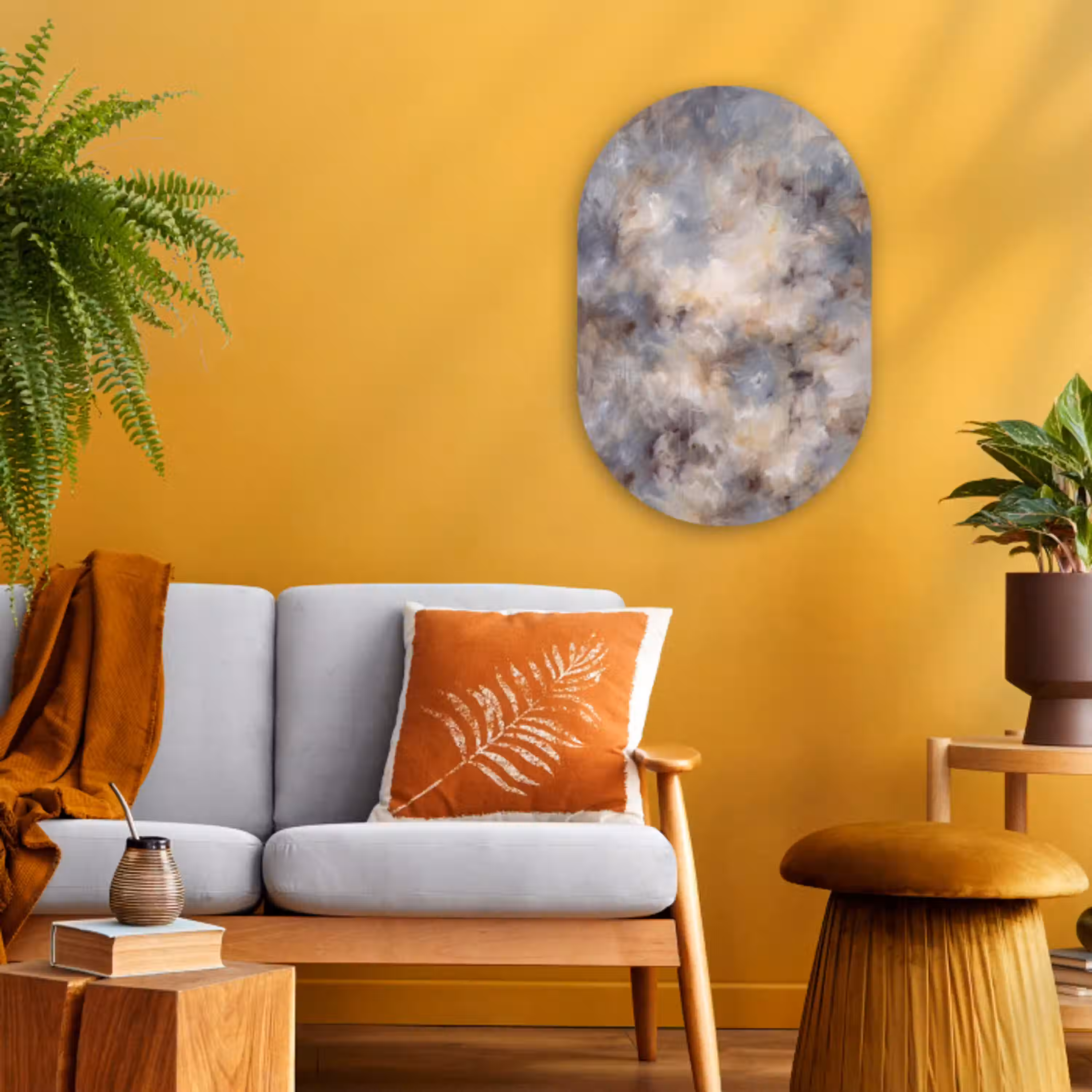 Abstract - Wolken - Sfeervol - Beige - Grijs Wandcirkel Ovaal Forex klein -sfeer4