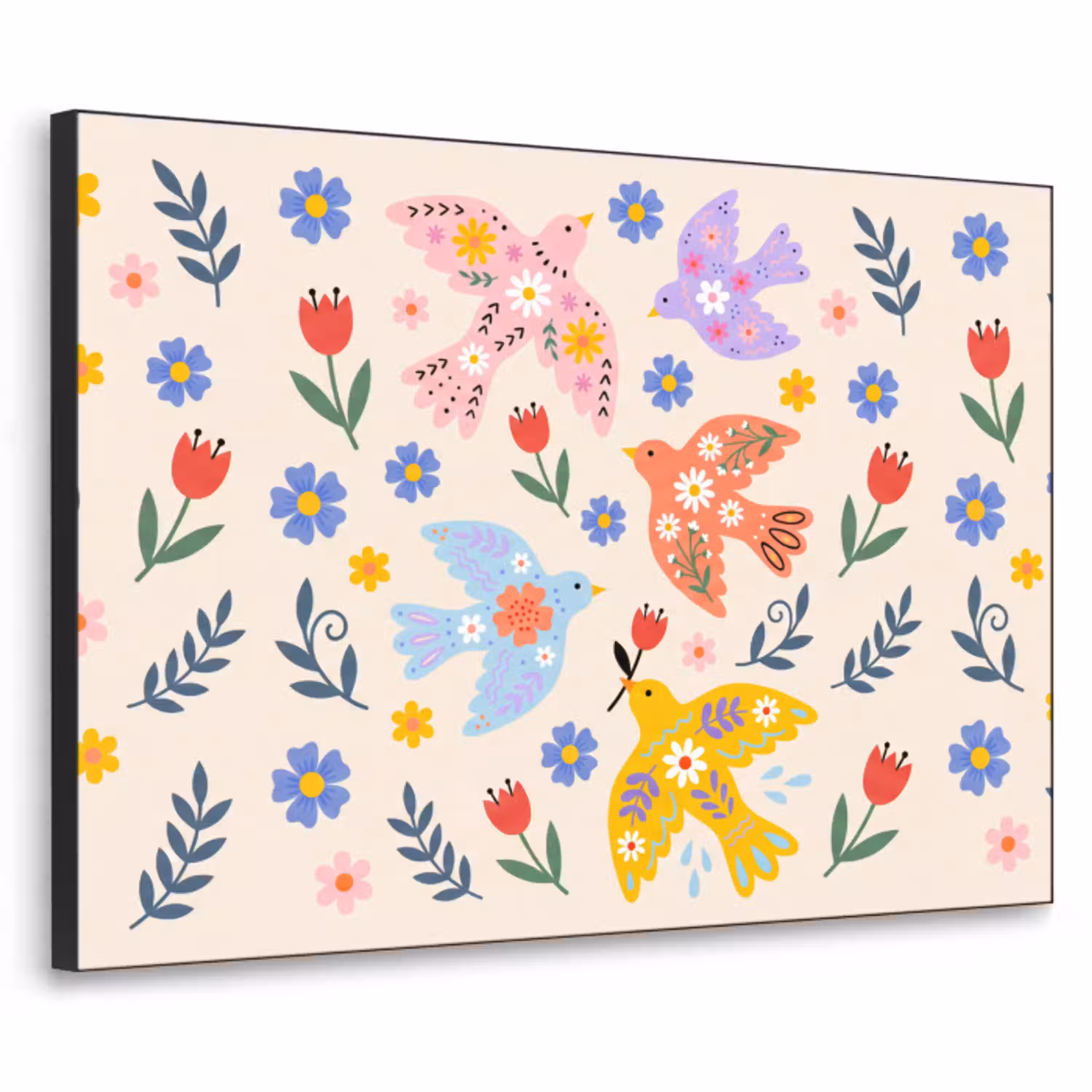 Vogel - Bloemen - Folk - Kleurrijk - Dieren Textielframe zwart klein -3d