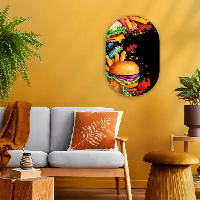 Fastfood - Graffiti - Hamburger - Eten - Modern Wandcirkel Ovaal Forex klein -sfeer4