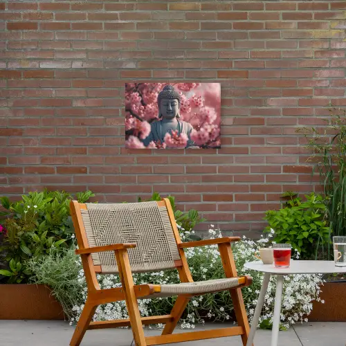 Boeddha tussen de kersenbloesems Tuinposter op houten frame 2 cm dik klein -sfeer3