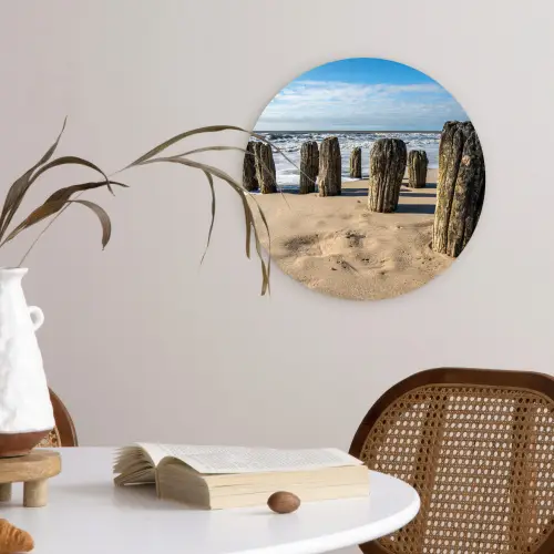 Zand - Strand - Paal - Water - Zomer Wandcirkel kunststof plaat 5mm dik klein -sfeer4
