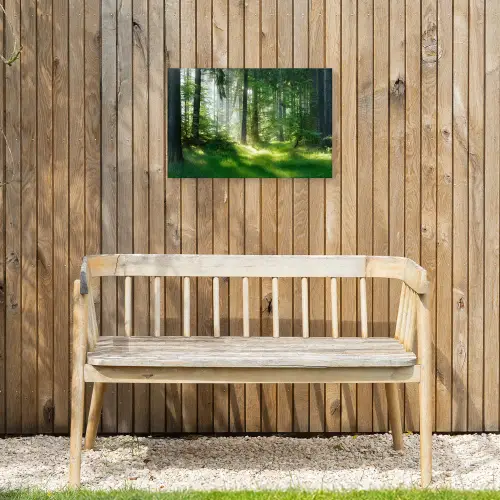 Zonnestralen in een groen bos Tuinposter op houten frame 2 cm dik klein -sfeer4