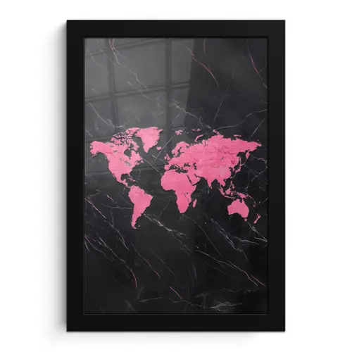 Wereldkaart - Roze - Marmer fotolijst zwart zonder passe partout klein -3d