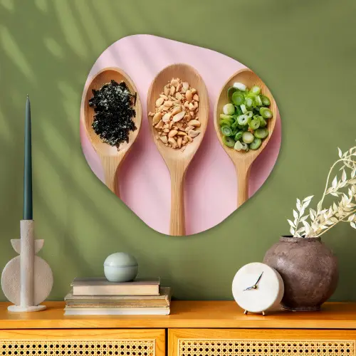 Ingrediënten - Lepels - Hout - Roze Wandcirkel Organisch Plexiglas middel -sfeer2