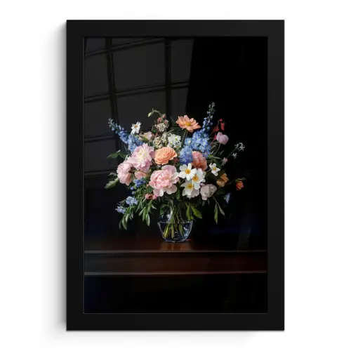 Pastel - Bloemen - Glazen - Vaas fotolijst zwart zonder passe partout klein -3d