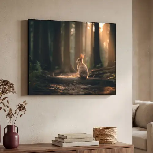 Konijn - Bos - Zonnestralen Textielframe zwart klein -sfeer3