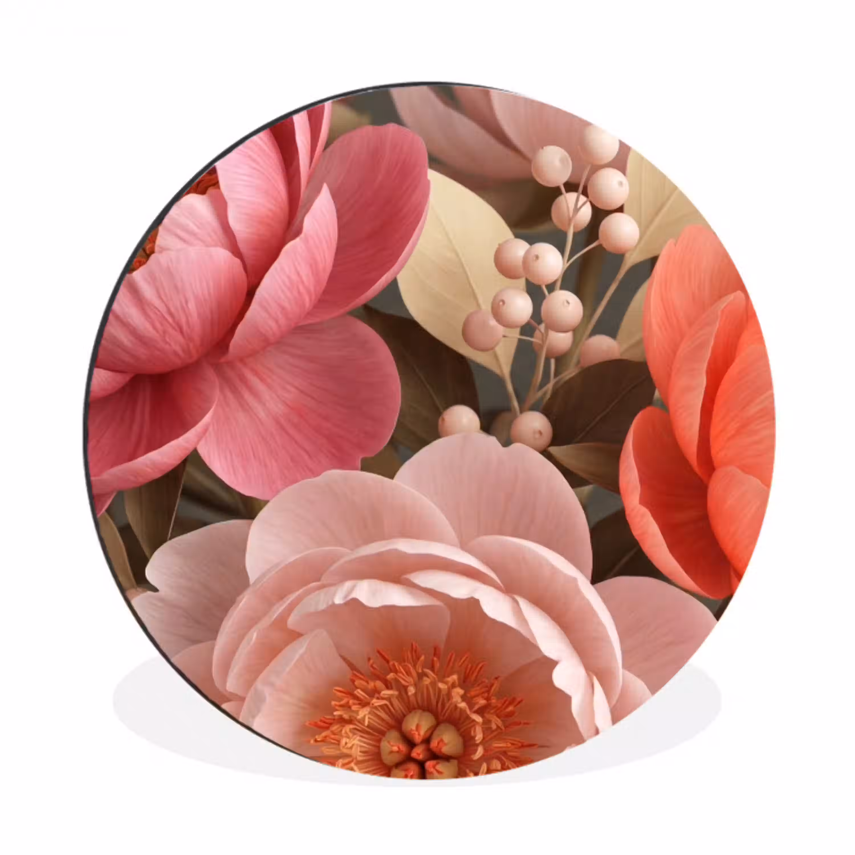 Bloemen - Bloesem - Zacht - Koraal - Decoratie Wandcirkel aluminium klein -3d