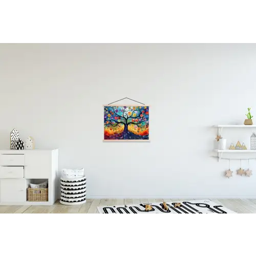 Kunst - Levensboom - Bloemen - Hippie textielposter latten blank klein -kinderkamer