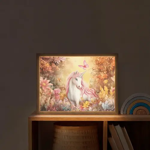 Eenhoorn - Bloemen - Vlinder - Roze Light Box met batterij (Wandlamp kind) middel -sfeer1_kind