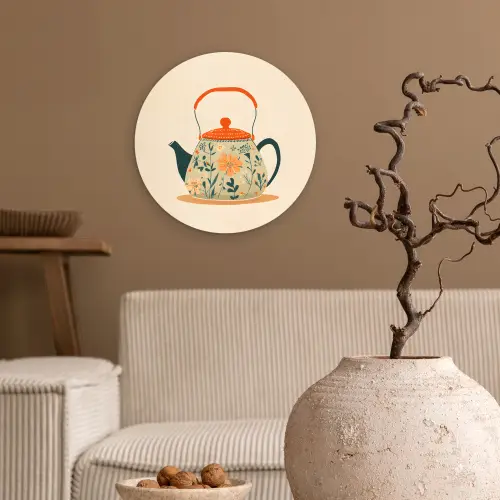 Oranje - Theepot - Bloemen - Bladeren Wandcirkel kunststof plaat 5mm dik klein -sfeer1