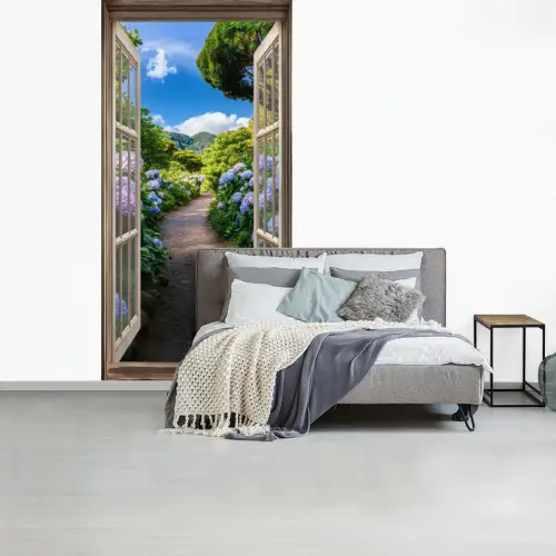 Doorkijk - Hortensia - Pad - Natuur fotobehang vinyl groot -slaapkamer
