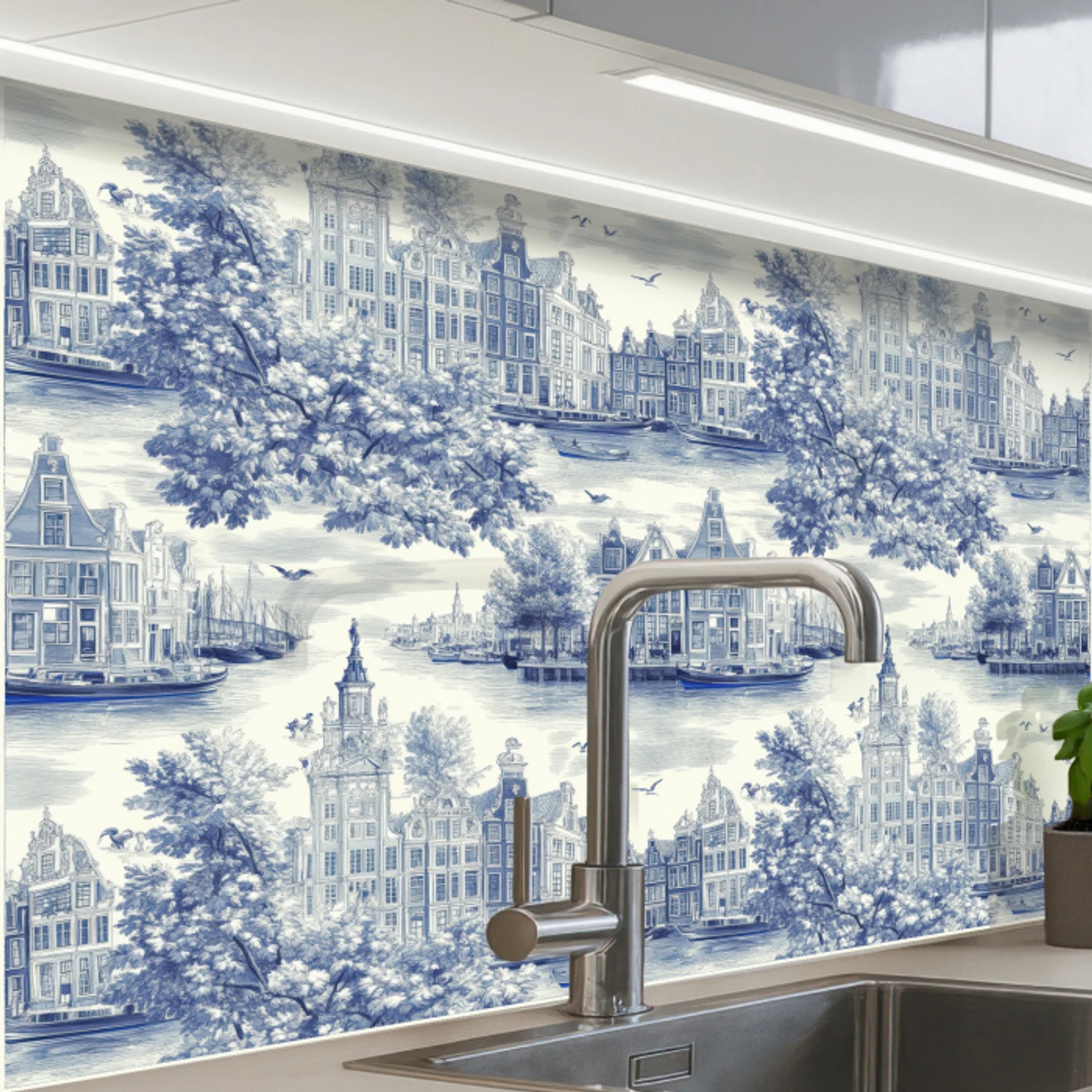Huizen - Bomen - Water - Vogels - Blauw keuken achterwand 2 middel 865 -zzzz3d_schuin