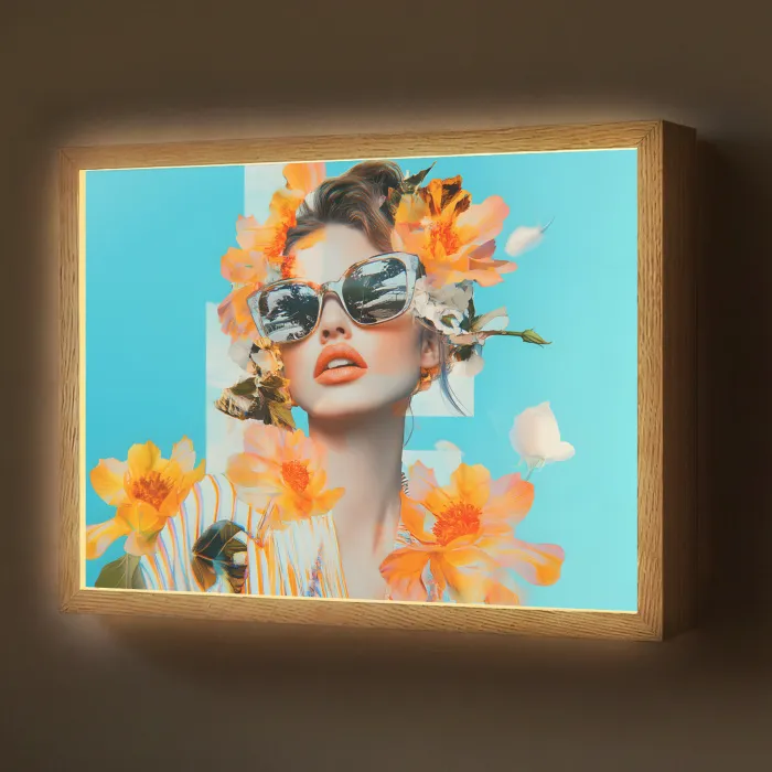 Bloemen - Vrouw - Zonnebril - Blauw Light Box met batterij (Wandlamp) middel -z3d_website