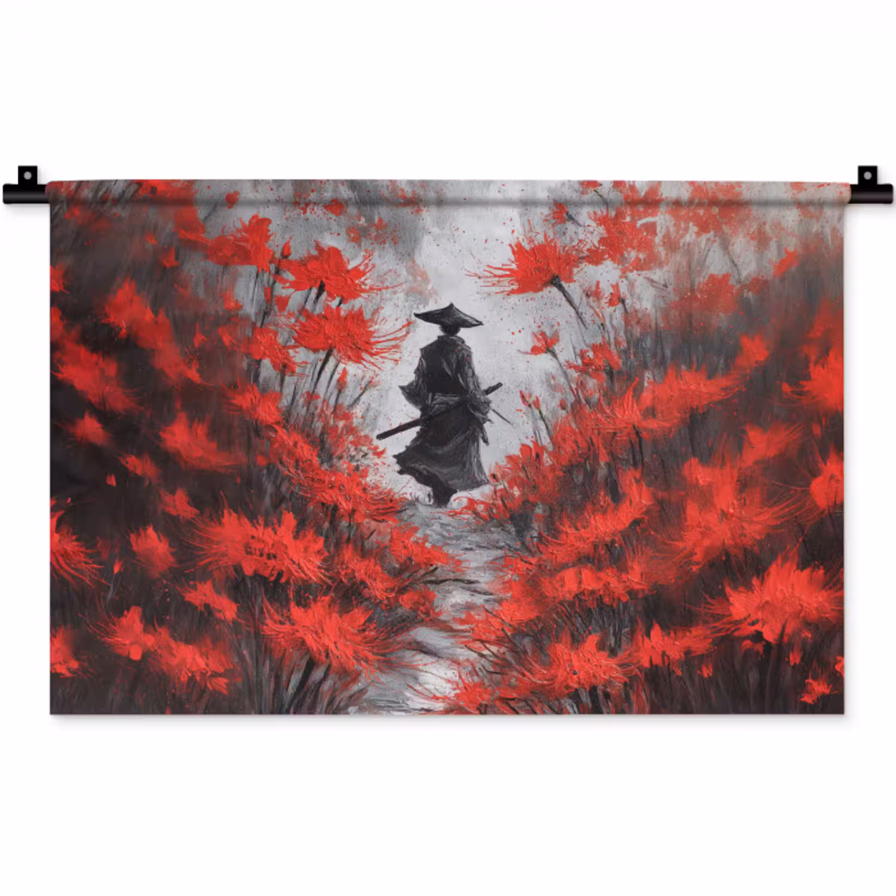 Rode bloemen - mistig - Man Wandkleed katoen klein -zz3d