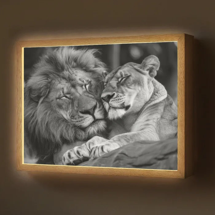 Leeuwen - Dieren - Zwart - Wit - Leeuw Light Box met batterij (Wandlamp) middel -z3d_website
