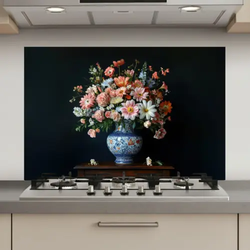 Hout - Vaas - Kleuren - Bloemen keuken achterwand spatscherm klein -3d_website