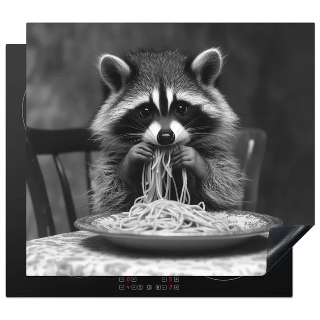 Wasbeer - Cute - Pasta - Tafelkleed - Zwart - Wit Inductie beschermer vinyl 3mm middel -3d