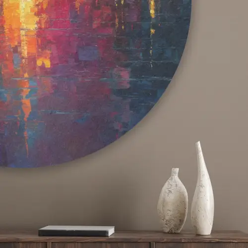 Skyline - Penseelstreken - Donkerblauw - Lichtgevend Akoestische PET Vilt - Rond klein -sfeer5_closeup