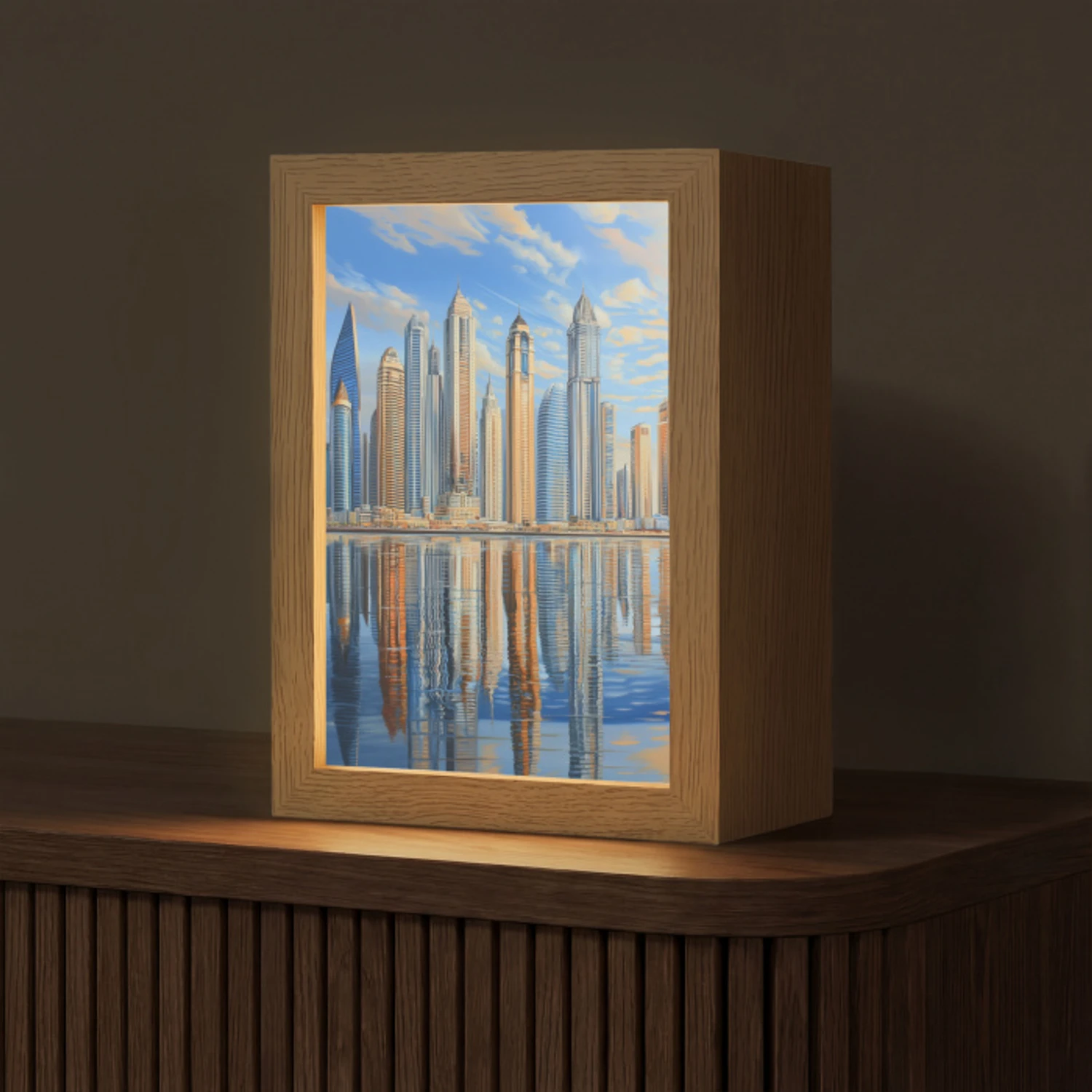 Skyline - Wolkenkrabbers - Water - Blauw Light Box met kabel (Tafellamp) klein -z3d_website