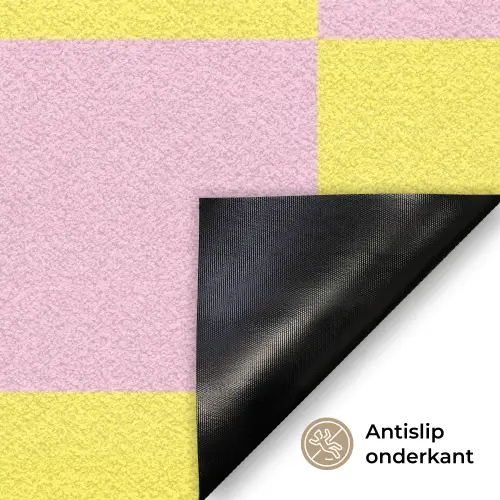 Schaakbord patroon - Geel - Roze - Blokjes Deurmat klein -antislip_NL