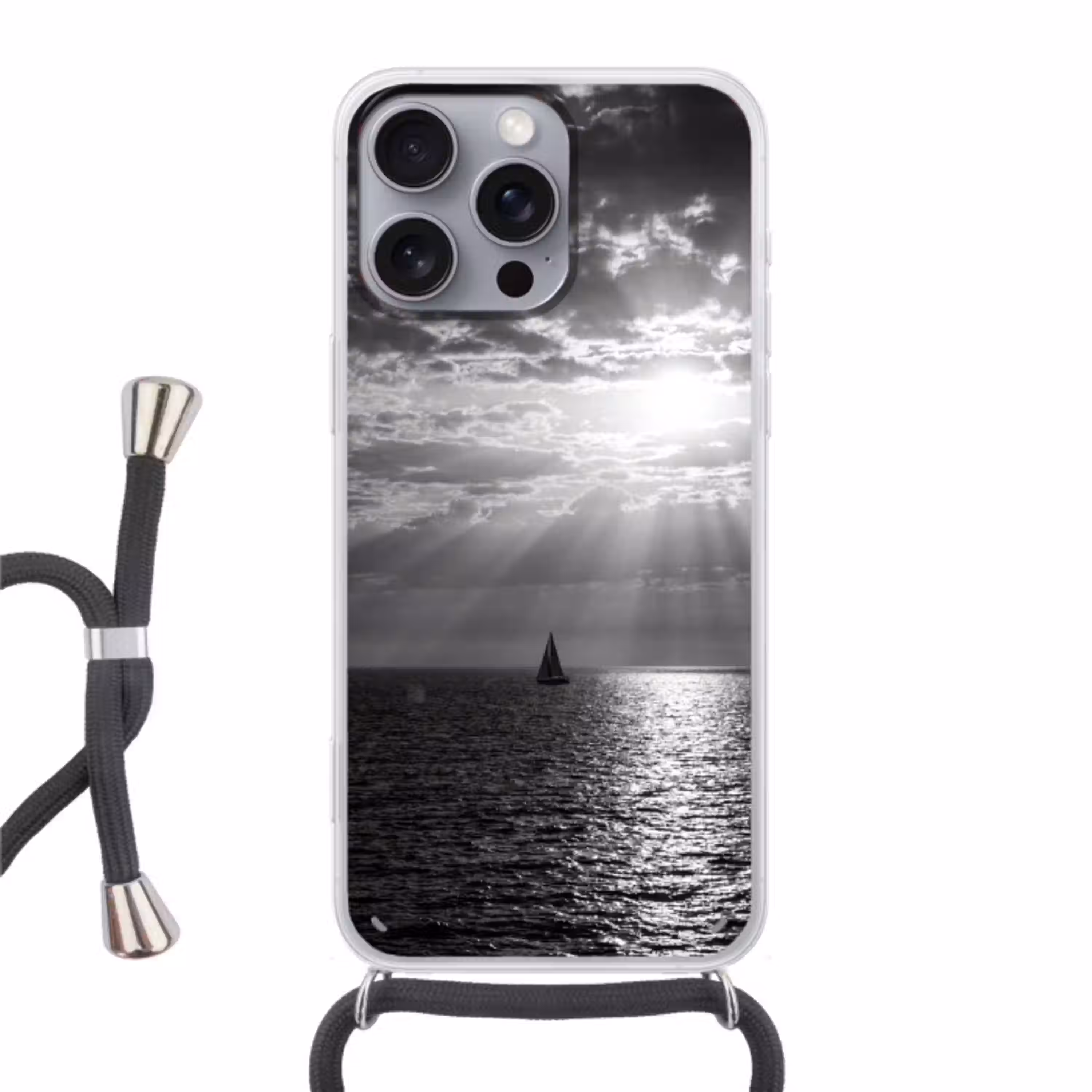 Water - Boot - Lucht - Natuur - Zwart-wit Hoesje iPhone 16 Pro Max met koord klein -3d