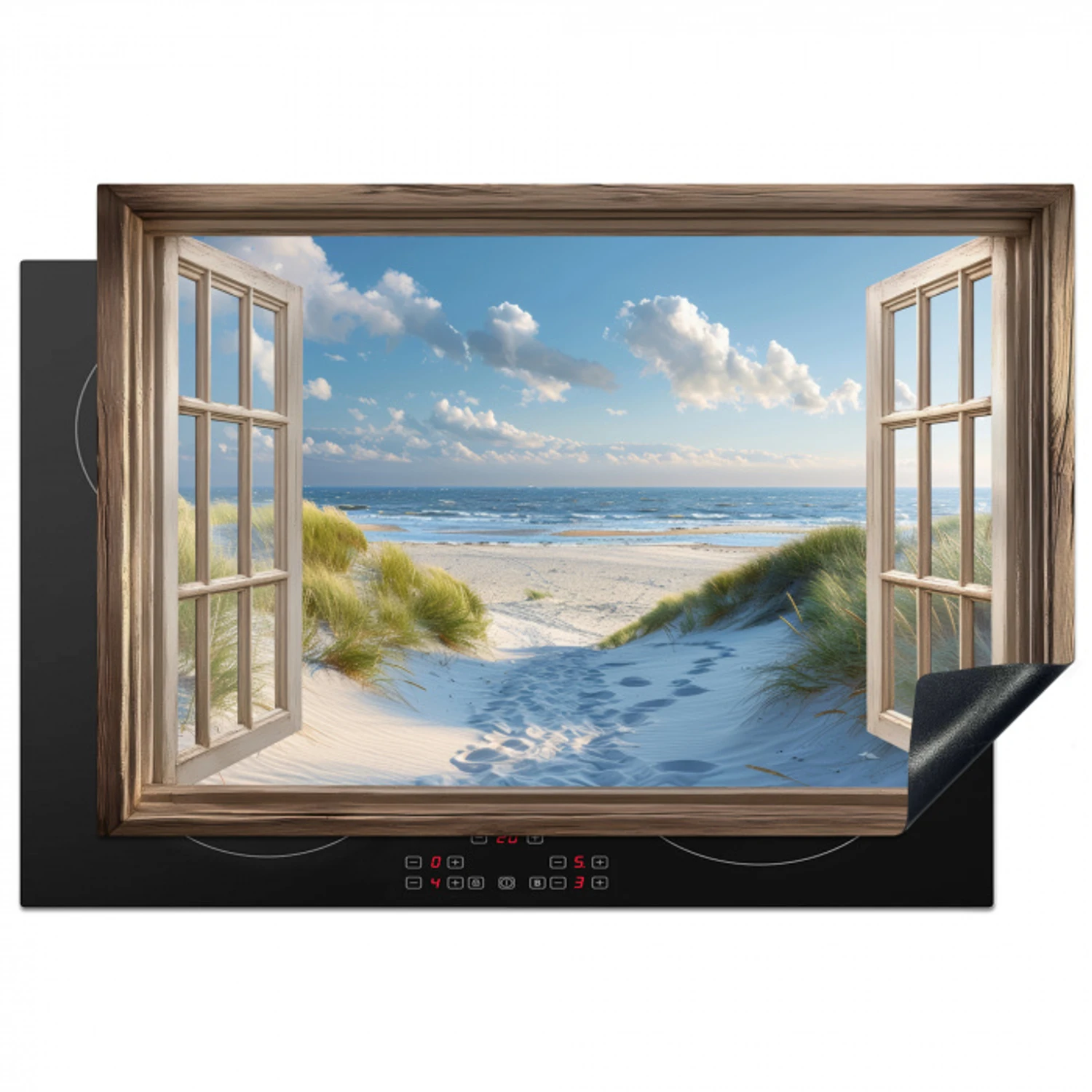 Doorkijk - Strand - Raam - Duinen - Zee Inductie beschermer vinyl 3mm klein -3d