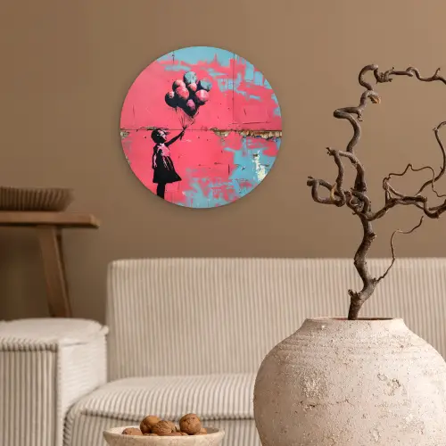 Graffiti - Meisje - Ballon - Banksy - Street art Wandcirkel kunststof plaat 5mm dik klein -sfeer1